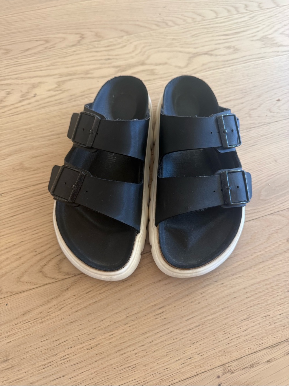 Women’s Papillio Black Double-Buckle Slide Sandals with White Sole size 38 - Picture 2 of 7